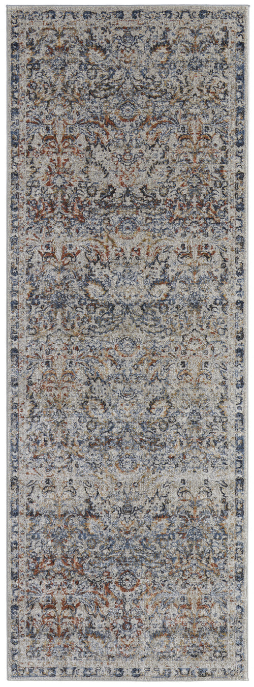 8' Tan Blue And Orange Floral Power Loom Distressed Runner Rug With Fringe