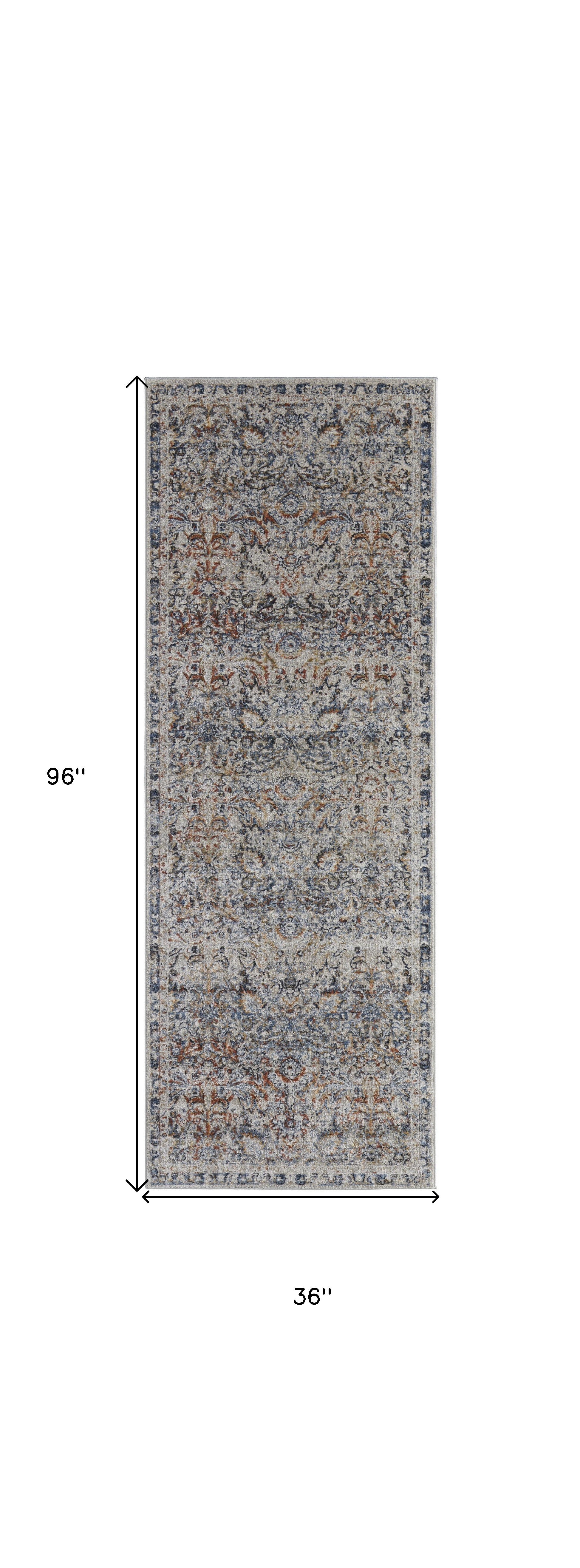 8' Tan Blue And Orange Floral Power Loom Distressed Runner Rug With Fringe