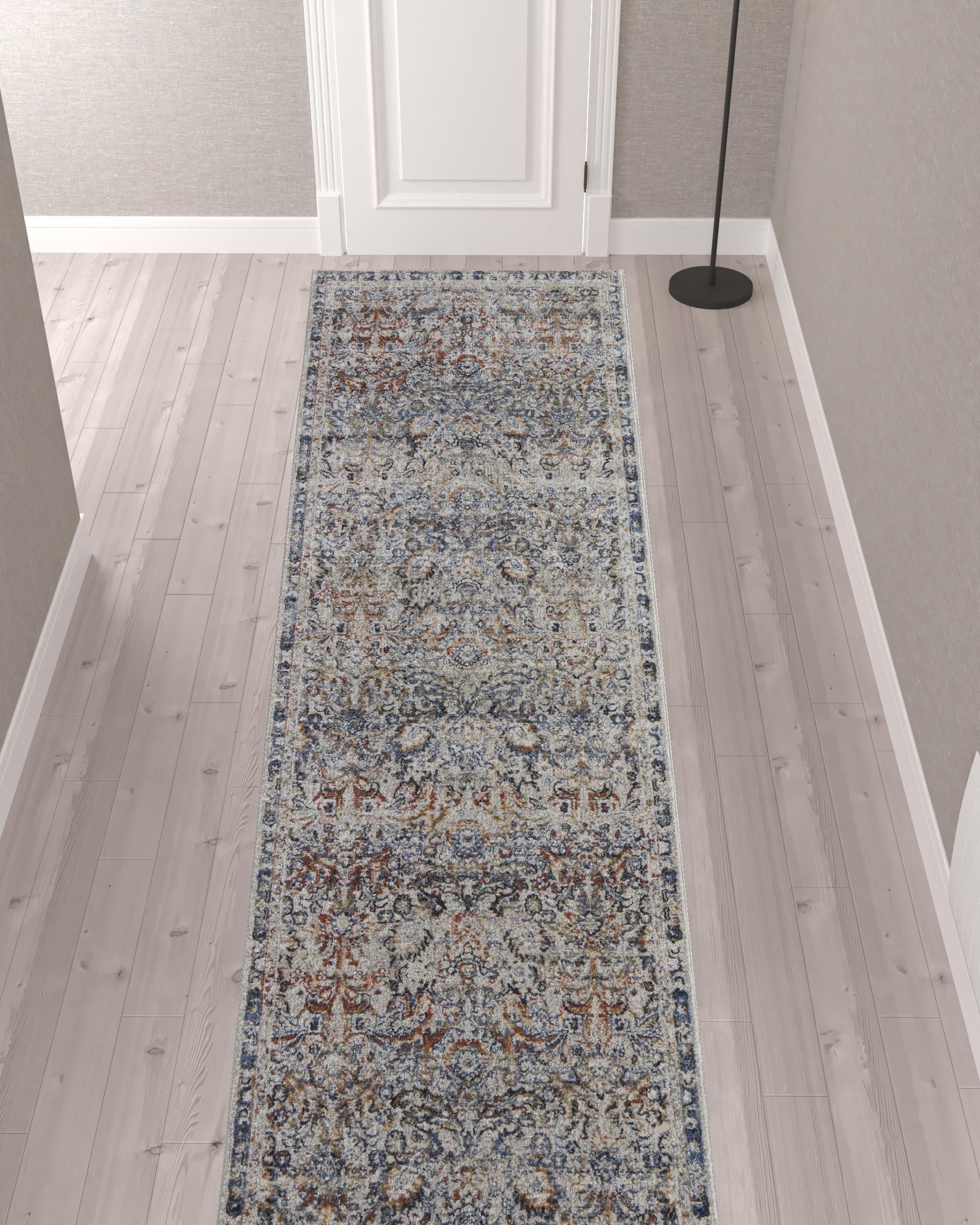 12' Tan Blue And Orange Floral Power Loom Distressed Runner Rug With Fringe