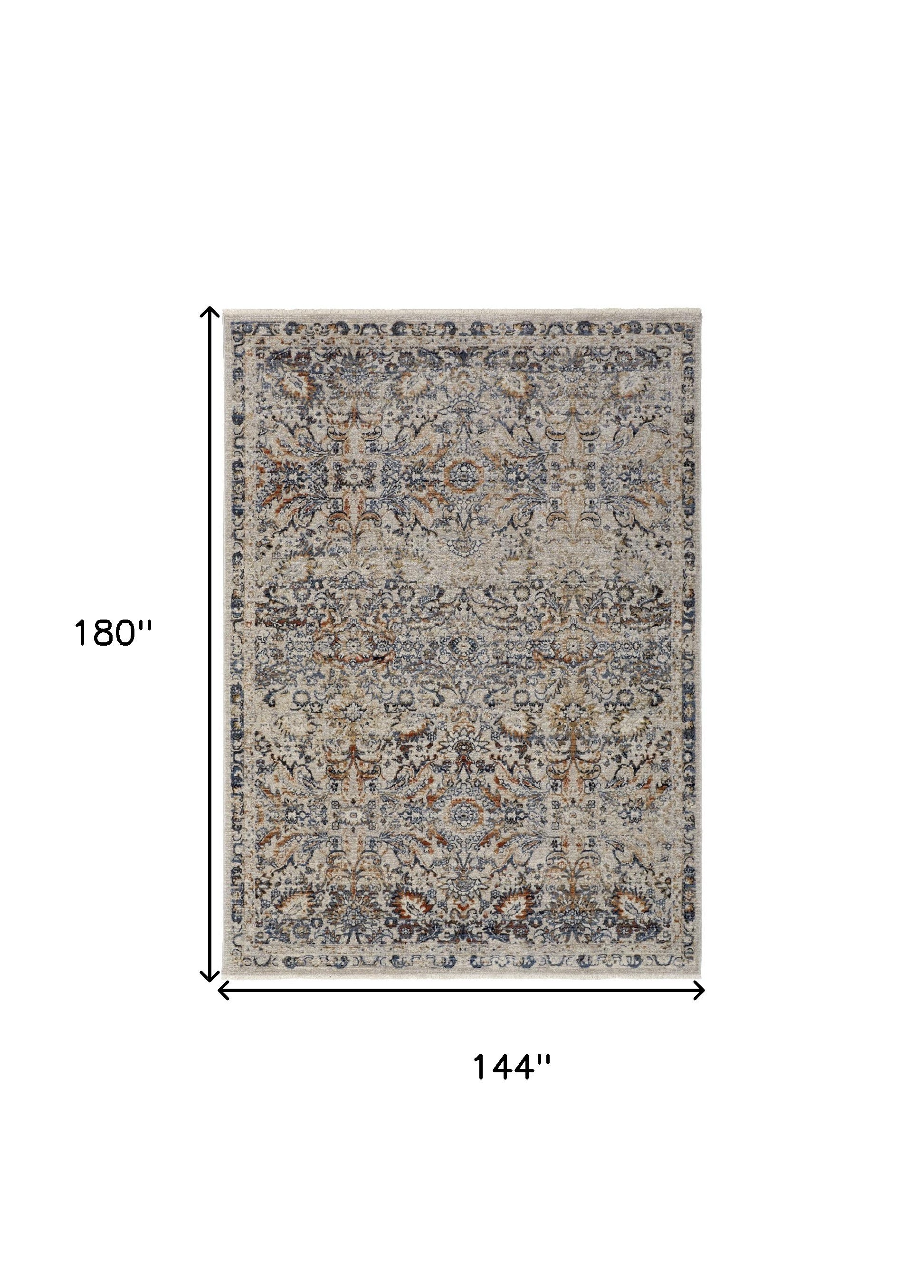 12' X 15' Tan Blue And Orange Floral Power Loom Distressed Area Rug With Fringe