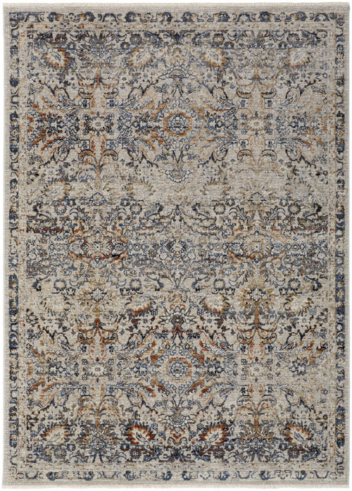 2' X 3' Tan Blue And Orange Floral Power Loom Distressed Area Rug With Fringe