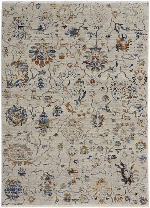 5' X 8' Ivory Orange And Blue Floral Power Loom Distressed Area Rug With Fringe