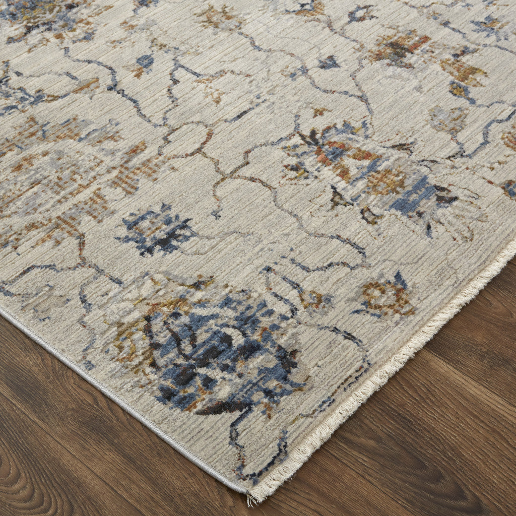 5' X 8' Ivory Orange And Blue Floral Power Loom Distressed Area Rug With Fringe