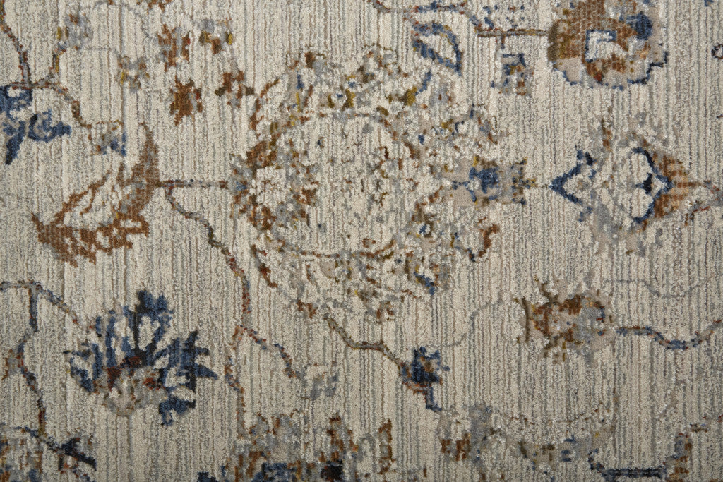 5' X 8' Ivory Orange And Blue Floral Power Loom Distressed Area Rug With Fringe