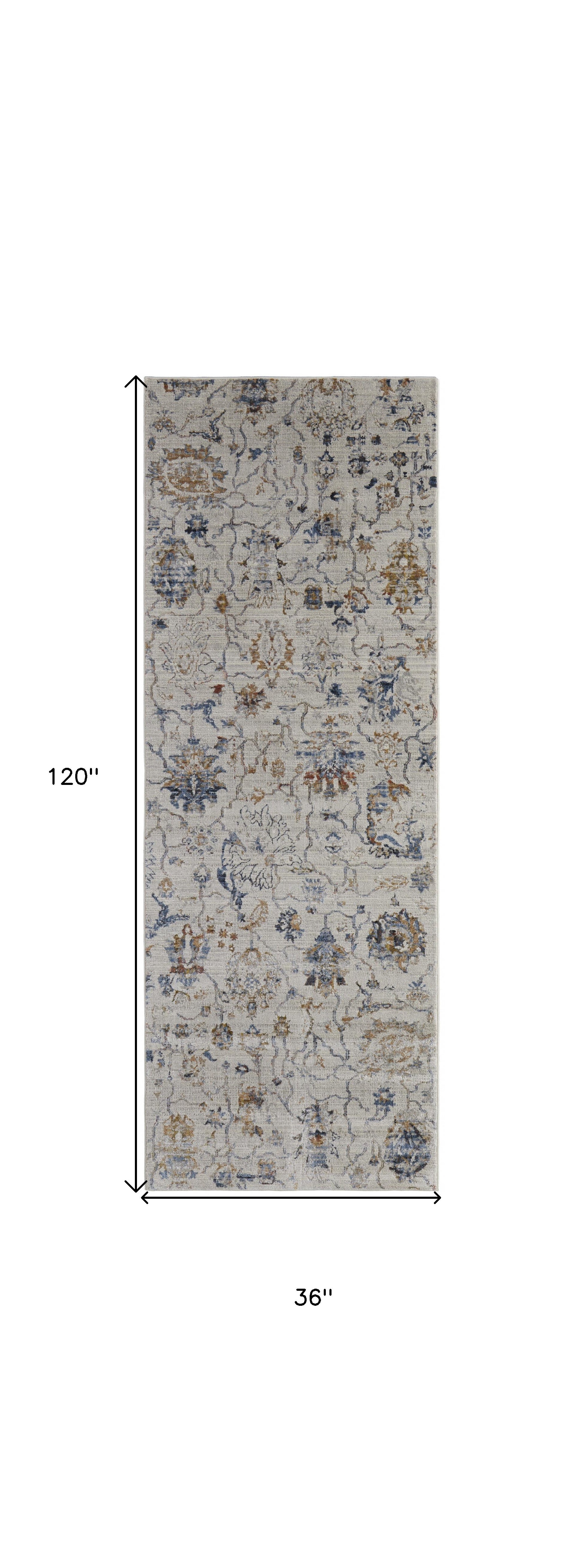 10' Ivory Orange And Blue Floral Power Loom Distressed Runner Rug With Fringe