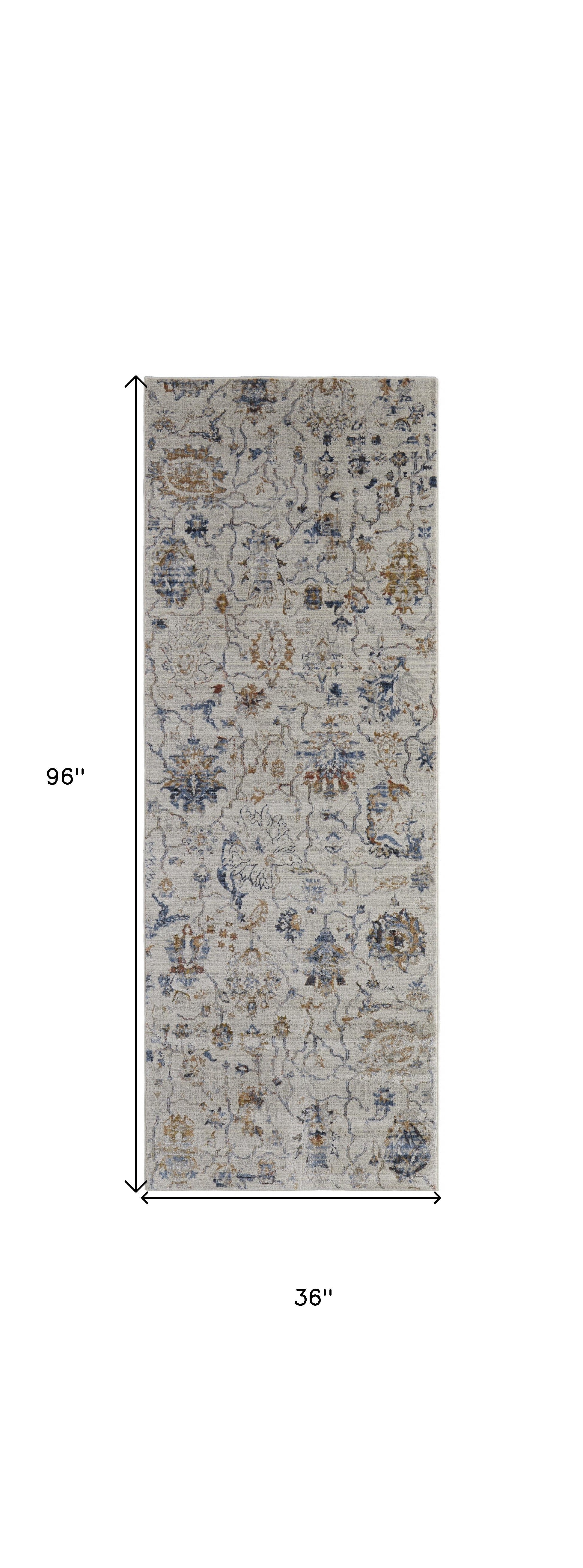 8' Ivory Orange And Blue Floral Power Loom Distressed Runner Rug With Fringe