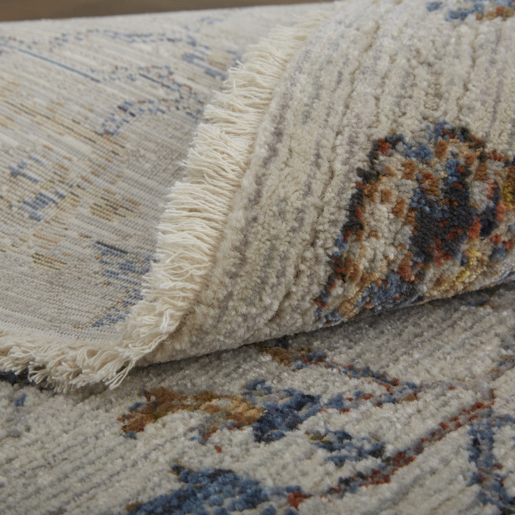 12' Ivory Orange And Blue Floral Power Loom Distressed Runner Rug With Fringe