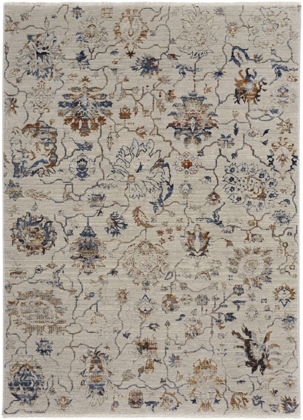 2' X 3' Ivory Orange And Blue Floral Power Loom Distressed Area Rug With Fringe