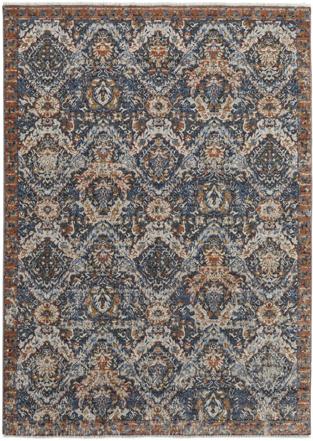 8' X 10' Blue Orange And Ivory Floral Power Loom Area Rug With Fringe