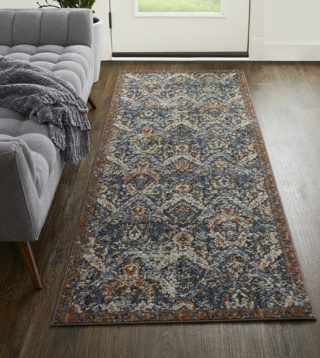 10' Blue Orange And Ivory Floral Power Loom Runner Rug With Fringe