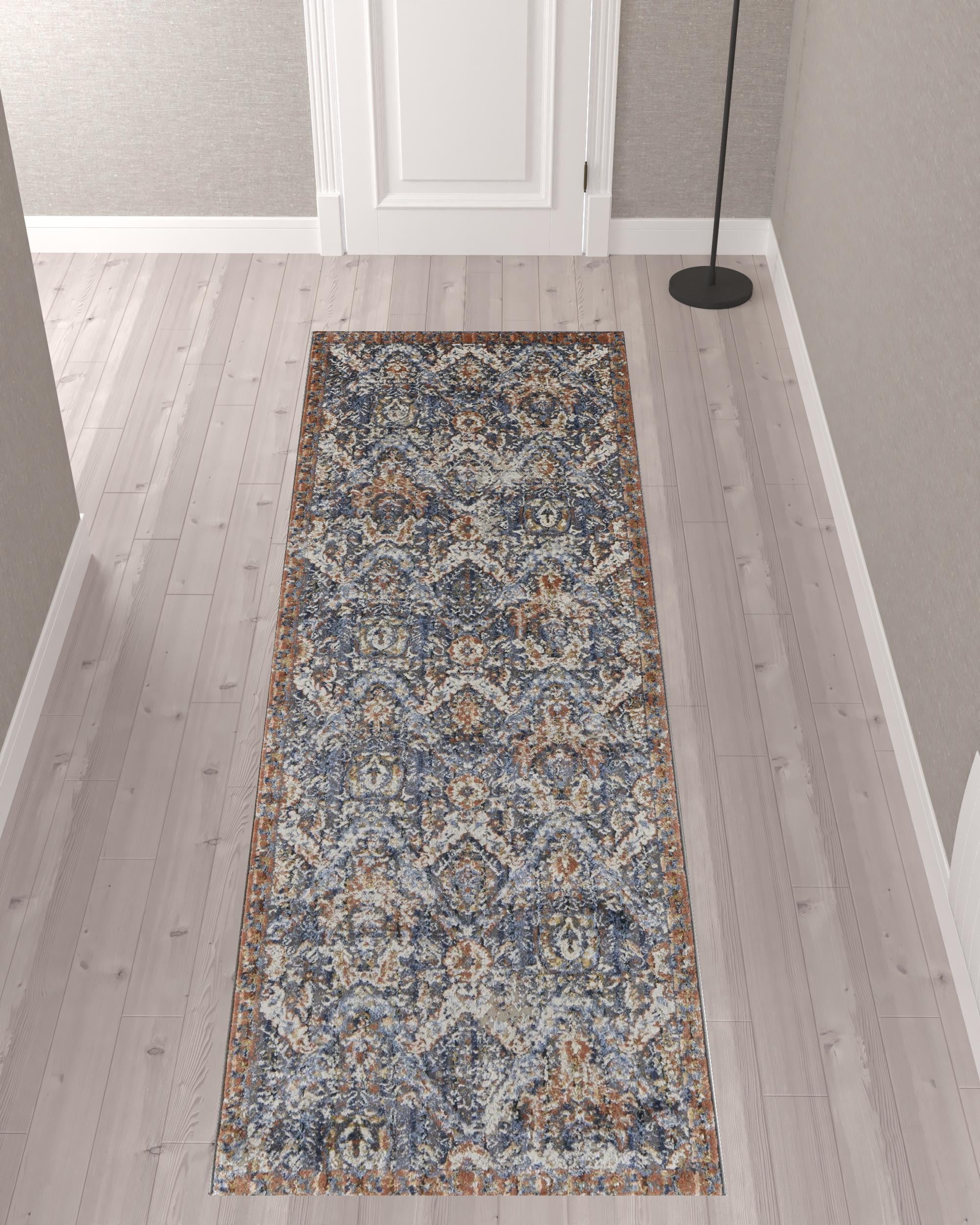 10' Blue Orange And Ivory Floral Power Loom Runner Rug With Fringe