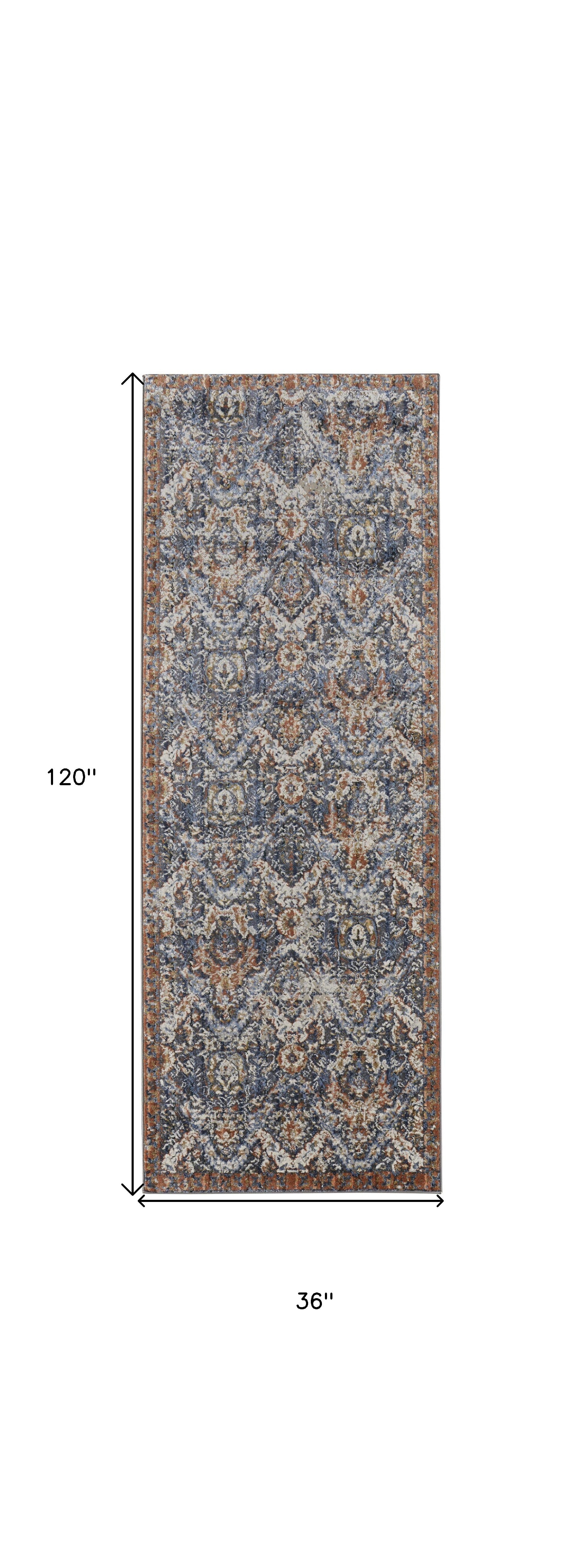 10' Blue Orange And Ivory Floral Power Loom Runner Rug With Fringe