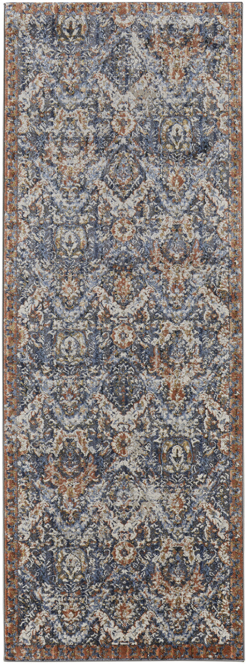 8' Blue Orange And Ivory Floral Power Loom Runner Rug With Fringe