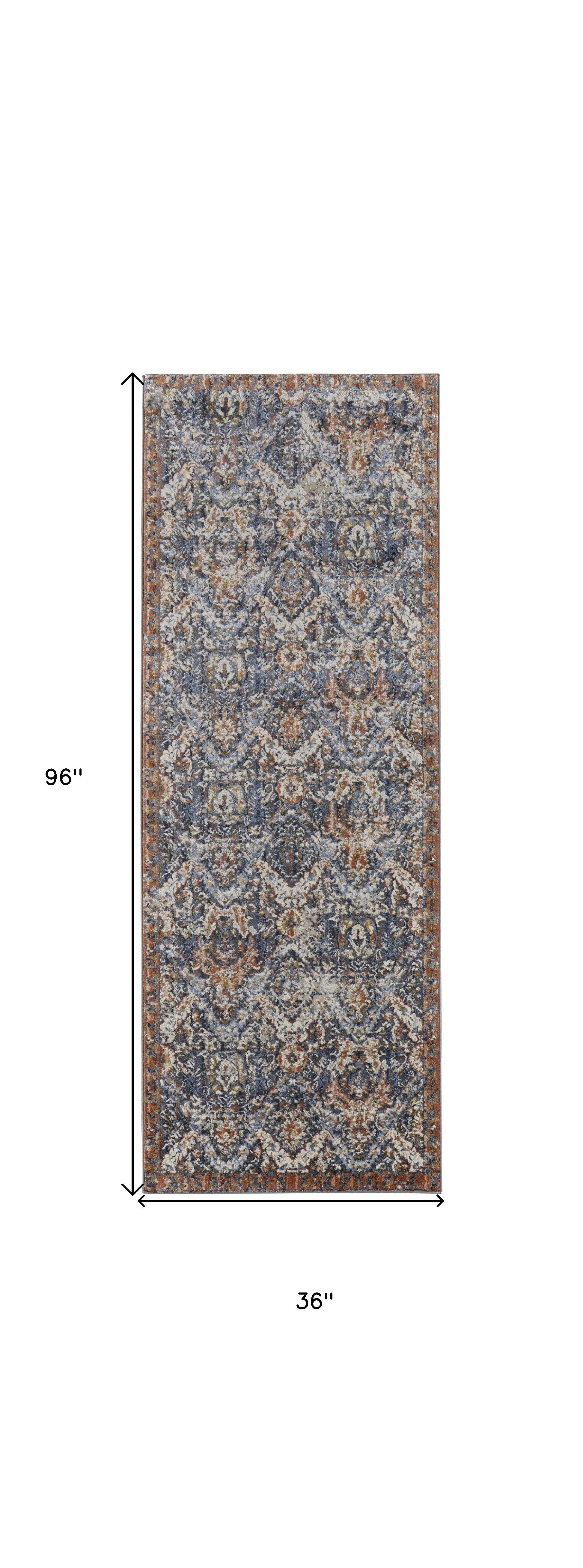 8' Blue Orange And Ivory Floral Power Loom Runner Rug With Fringe