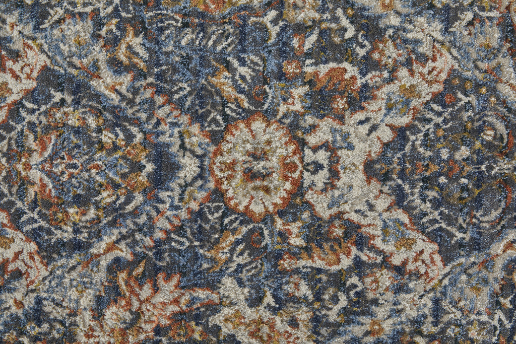 12' Blue Orange And Ivory Floral Power Loom Runner Rug With Fringe