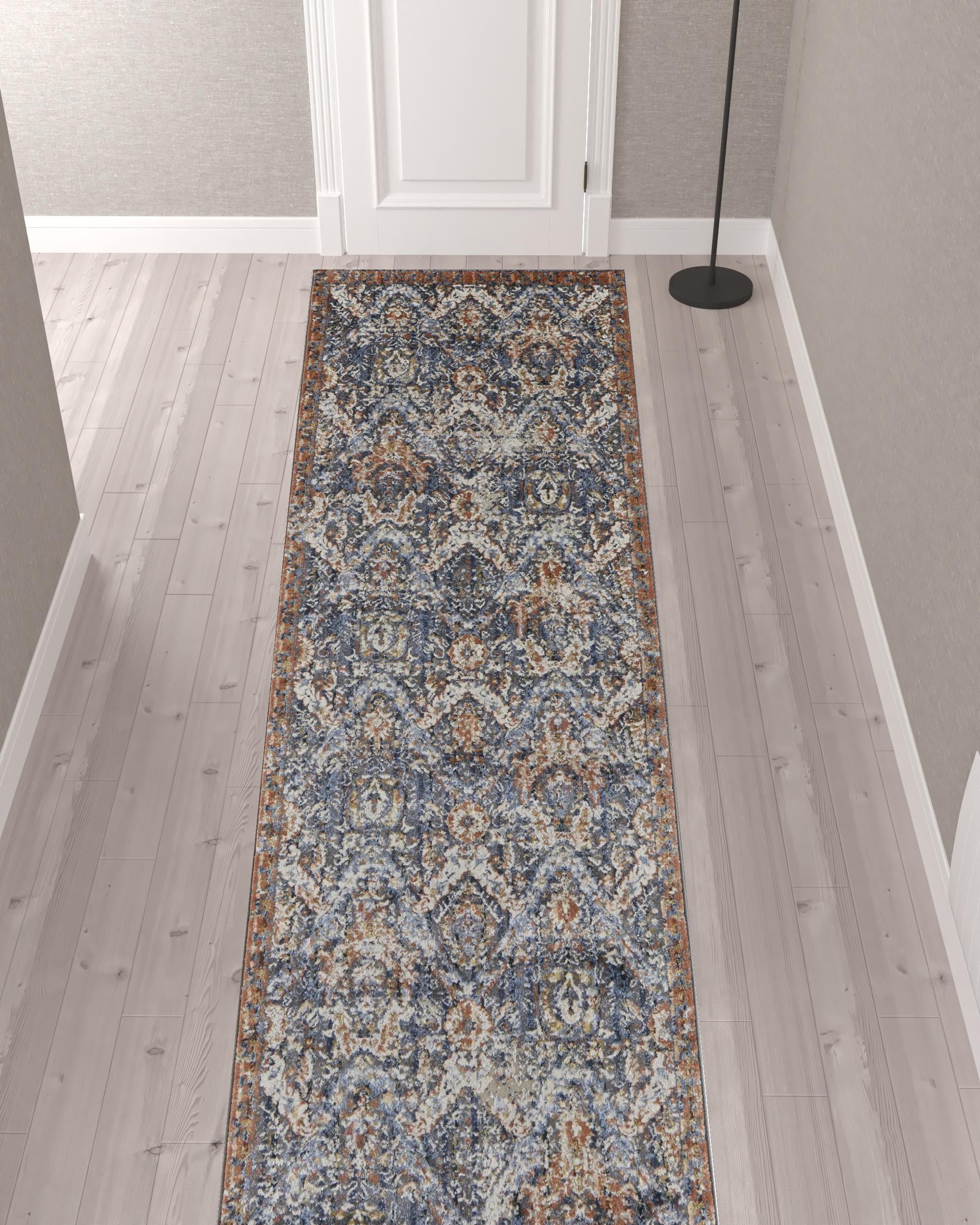 12' Blue Orange And Ivory Floral Power Loom Runner Rug With Fringe