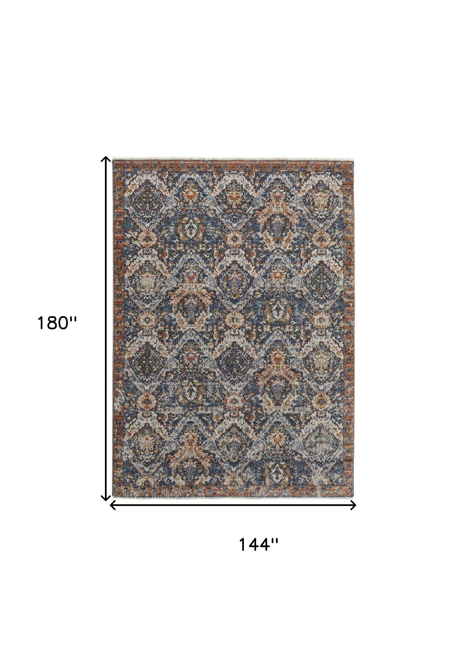 12' X 15' Blue Orange And Ivory Floral Power Loom Area Rug With Fringe