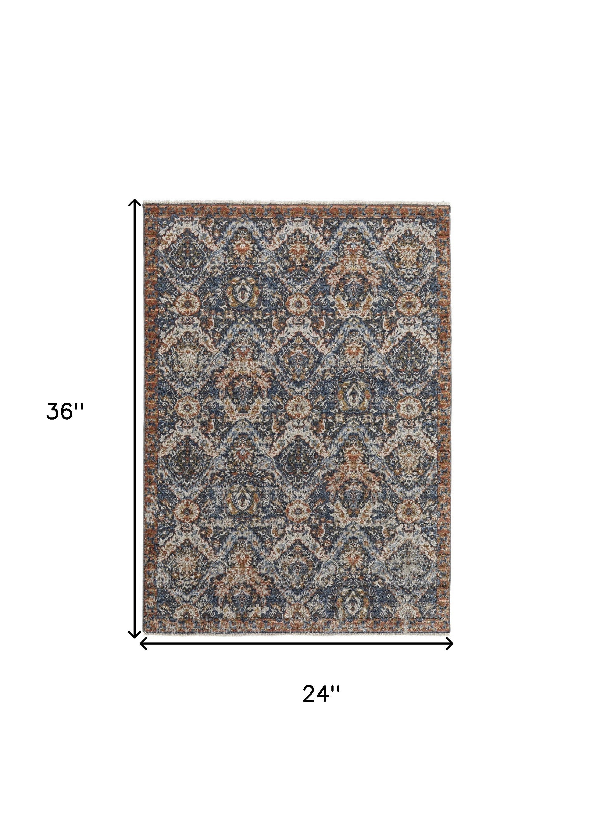 2' X 3' Blue Orange And Ivory Floral Power Loom Area Rug With Fringe