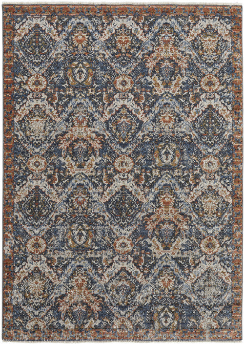 2' X 3' Blue Orange And Ivory Floral Power Loom Area Rug With Fringe