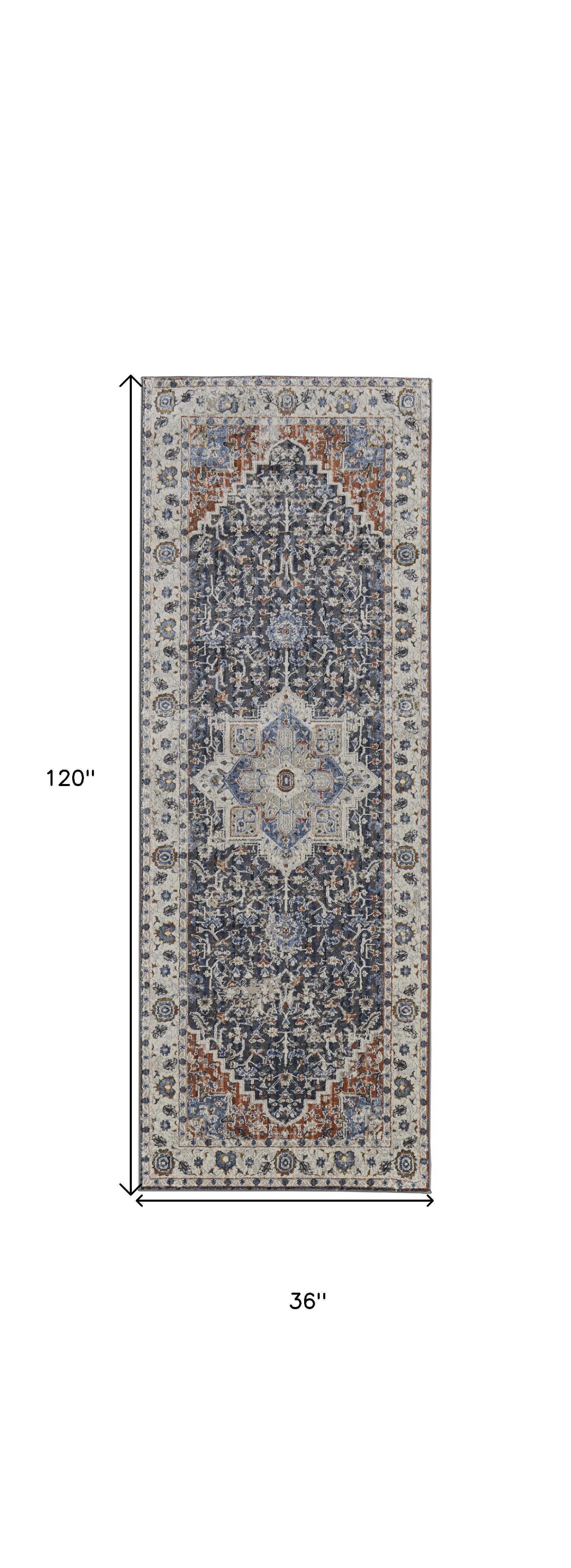 10' Ivory Blue And Red Floral Power Loom Runner Rug With Fringe