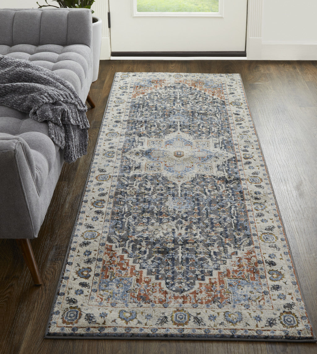 8' Ivory Blue And Red Floral Power Loom Runner Rug With Fringe