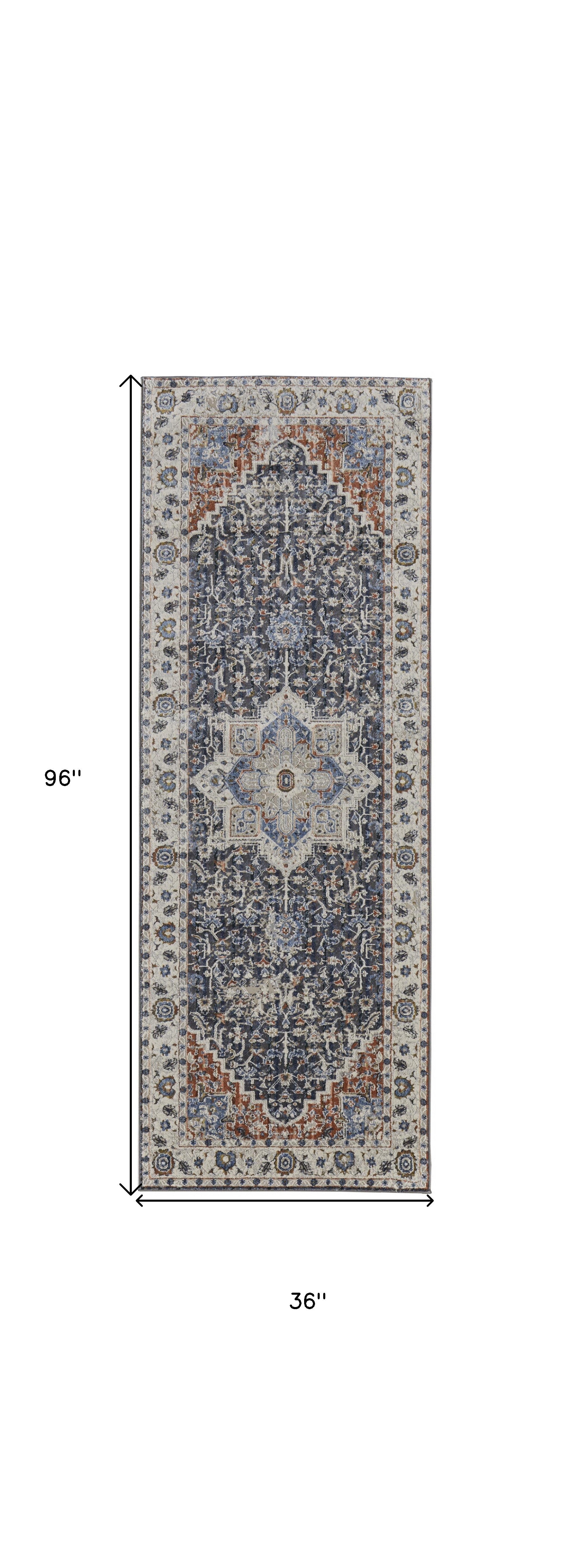 8' Ivory Blue And Red Floral Power Loom Runner Rug With Fringe