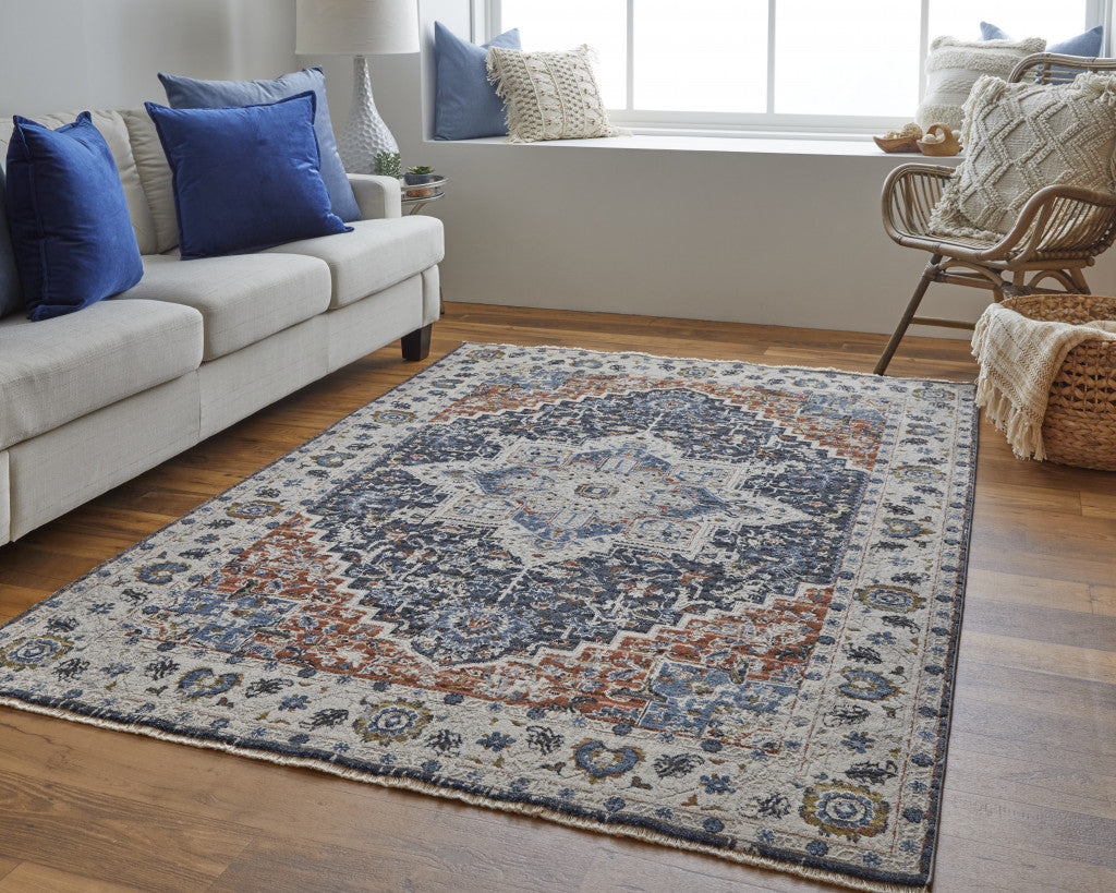 2' X 3' Ivory Blue And Red Floral Power Loom Area Rug With Fringe