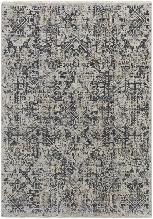 5' X 8' Ivory Gray And Taupe Abstract Power Loom Distressed Area Rug With Fringe