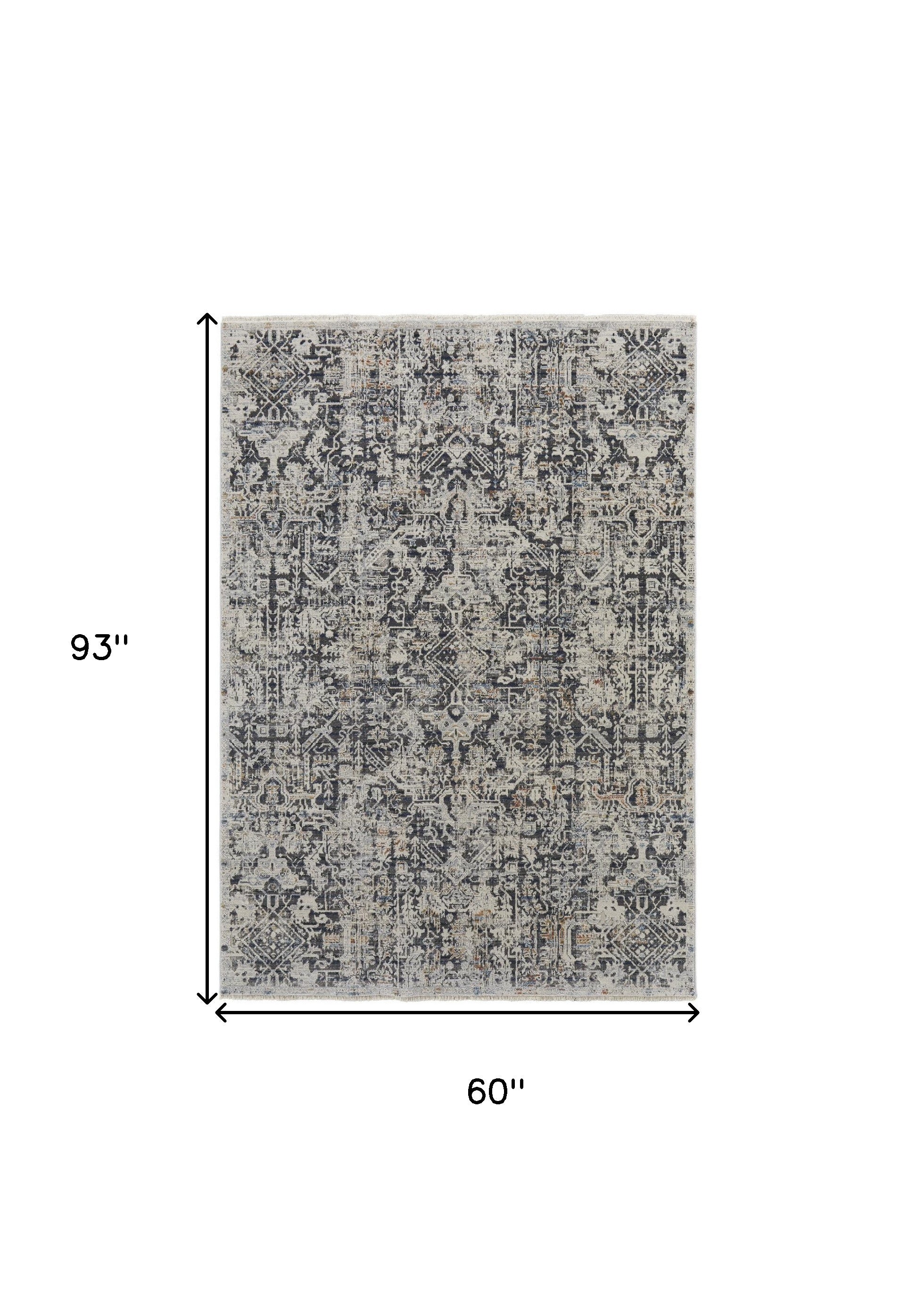 5' X 8' Ivory Gray And Taupe Abstract Power Loom Distressed Area Rug With Fringe