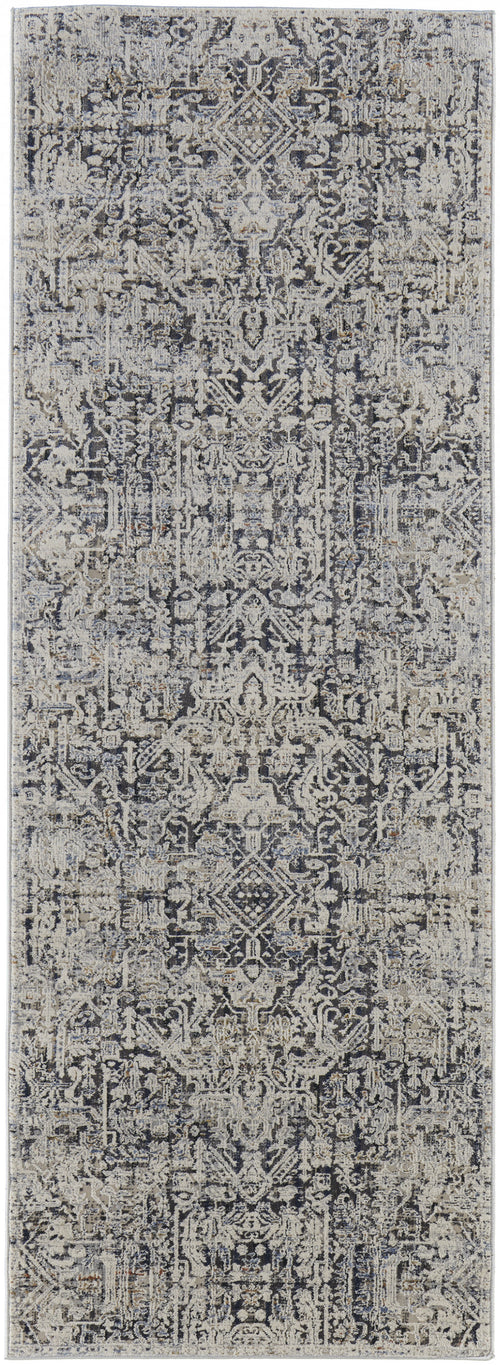 10' Ivory Gray And Taupe Abstract Power Loom Distressed Runner Rug With Fringe