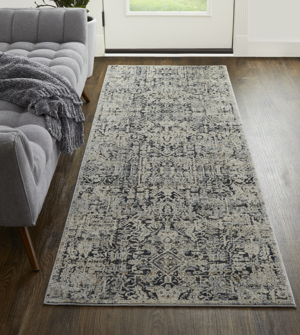 10' Ivory Gray And Taupe Abstract Power Loom Distressed Runner Rug With Fringe