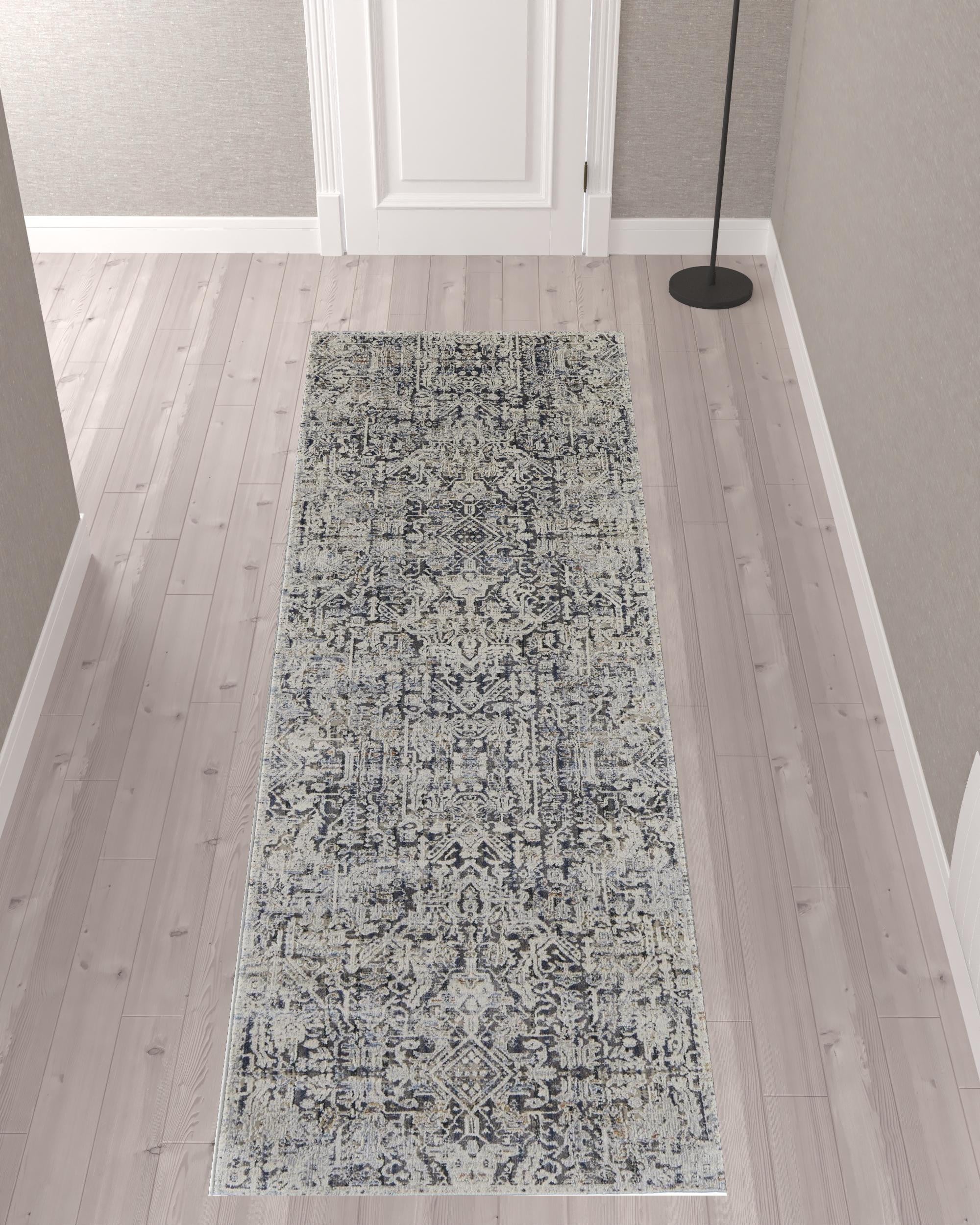 10' Ivory Gray And Taupe Abstract Power Loom Distressed Runner Rug With Fringe