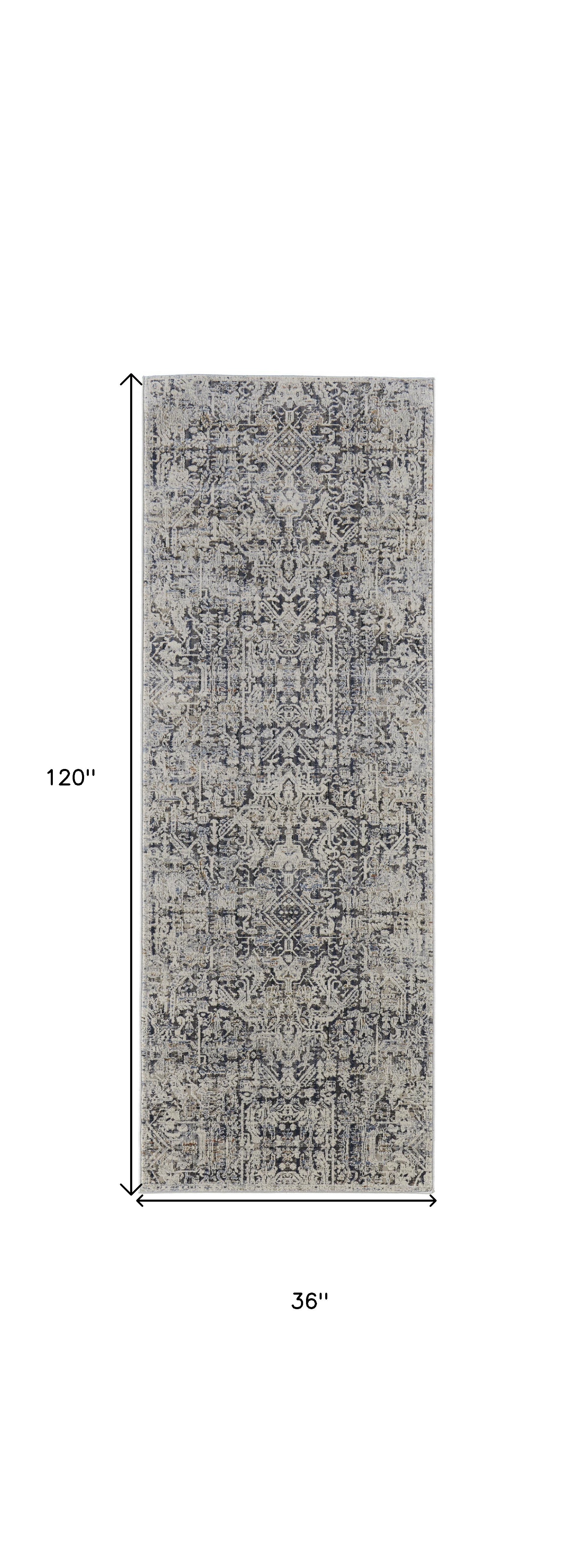 10' Ivory Gray And Taupe Abstract Power Loom Distressed Runner Rug With Fringe