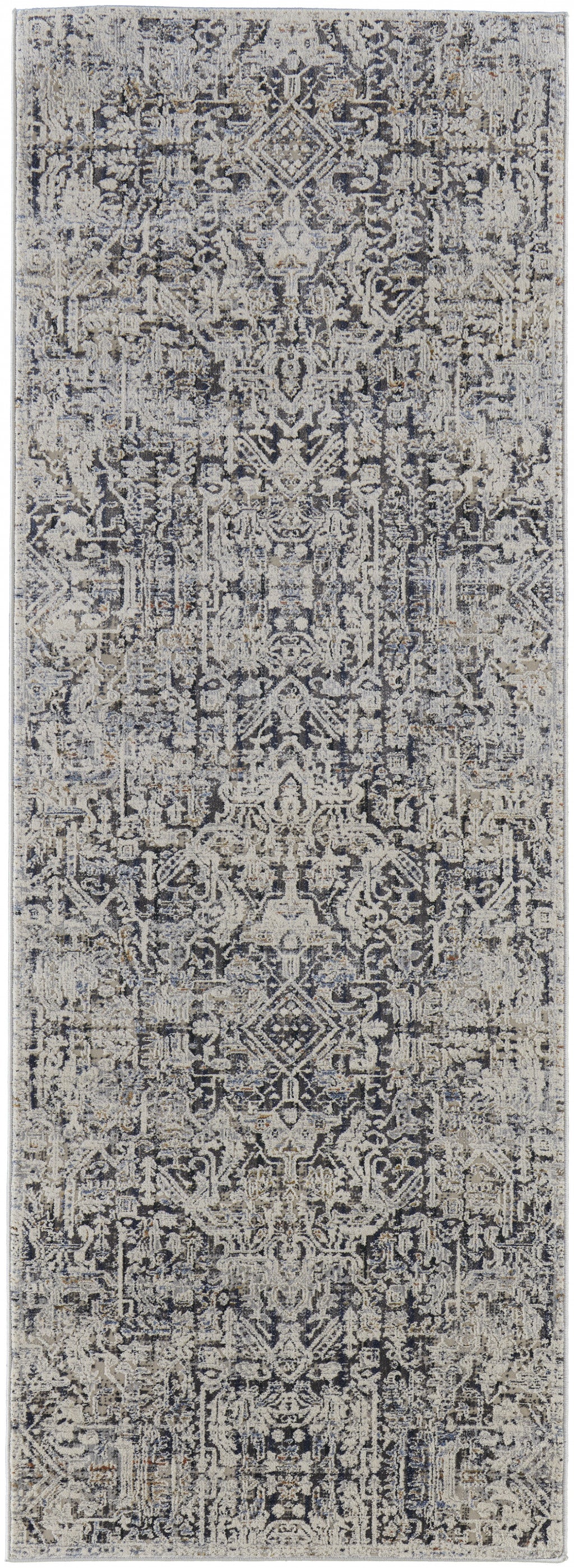 8' Ivory Gray And Taupe Abstract Power Loom Distressed Runner Rug With Fringe