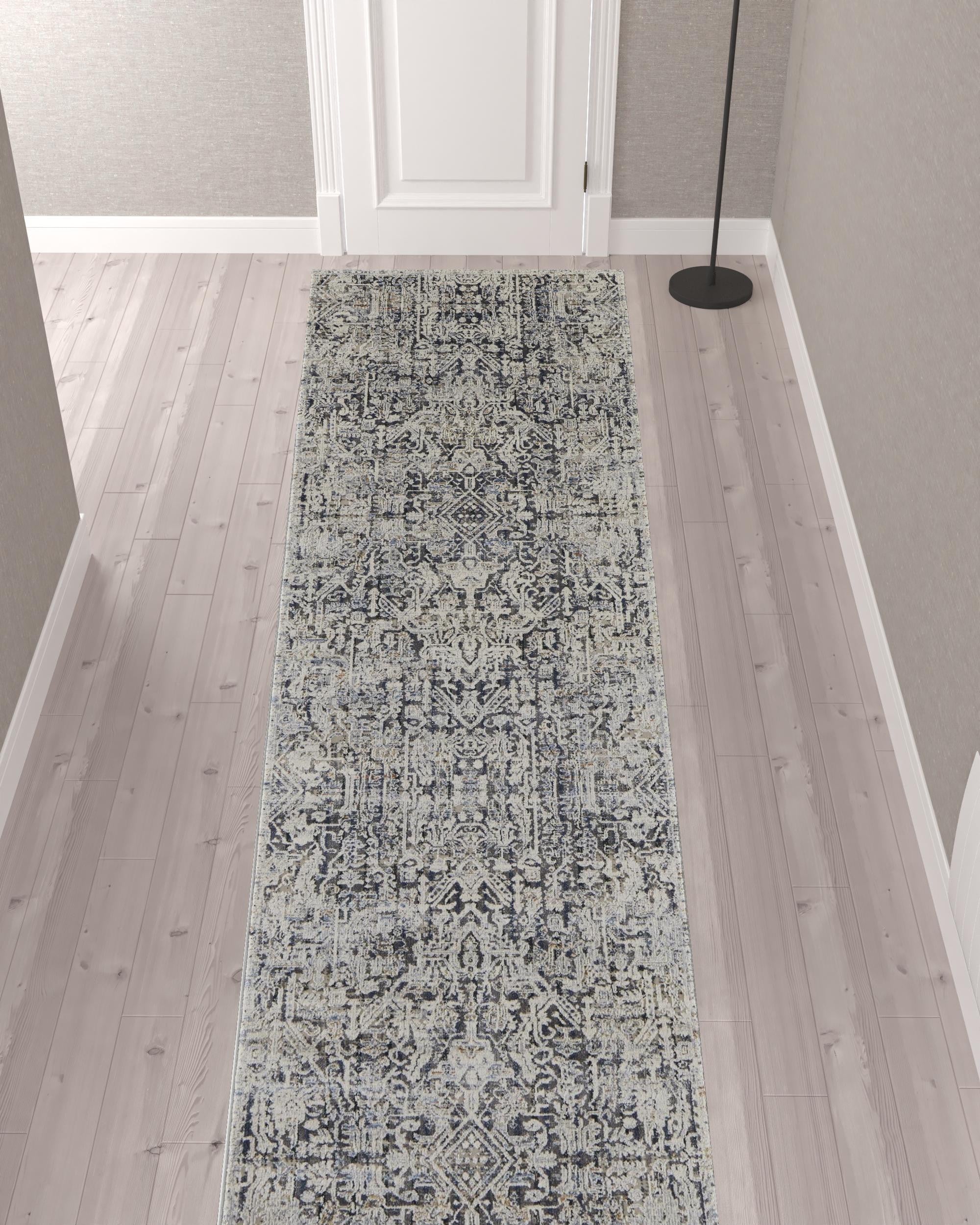 12' Ivory Gray And Taupe Abstract Power Loom Distressed Runner Rug With Fringe