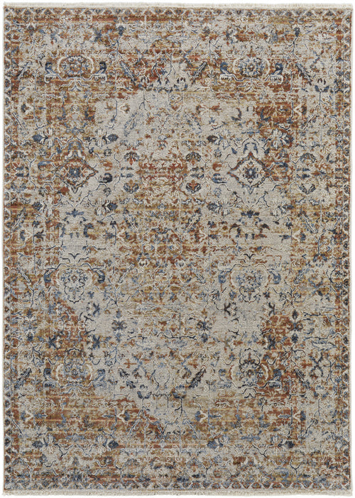 5' X 8' Tan Ivory And Orange Floral Power Loom Area Rug With Fringe