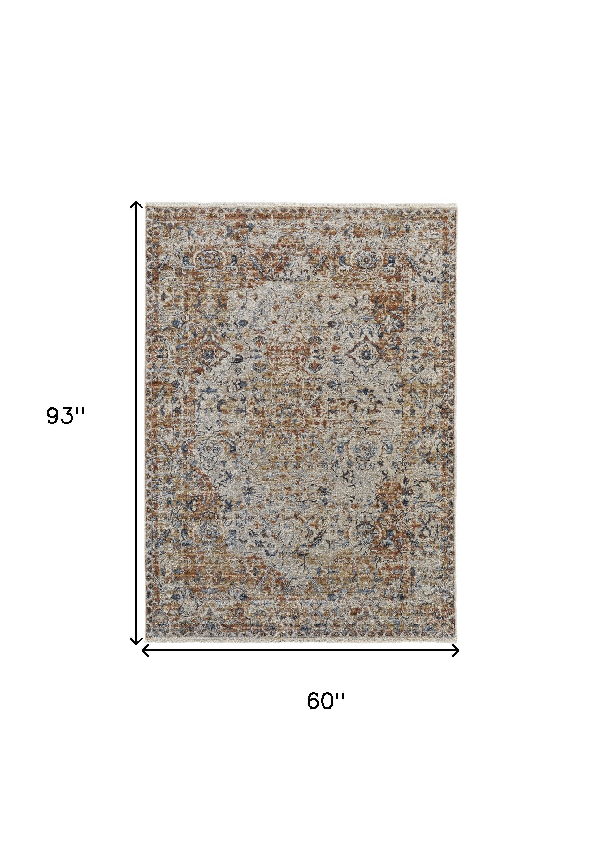 5' X 8' Tan Ivory And Orange Floral Power Loom Area Rug With Fringe