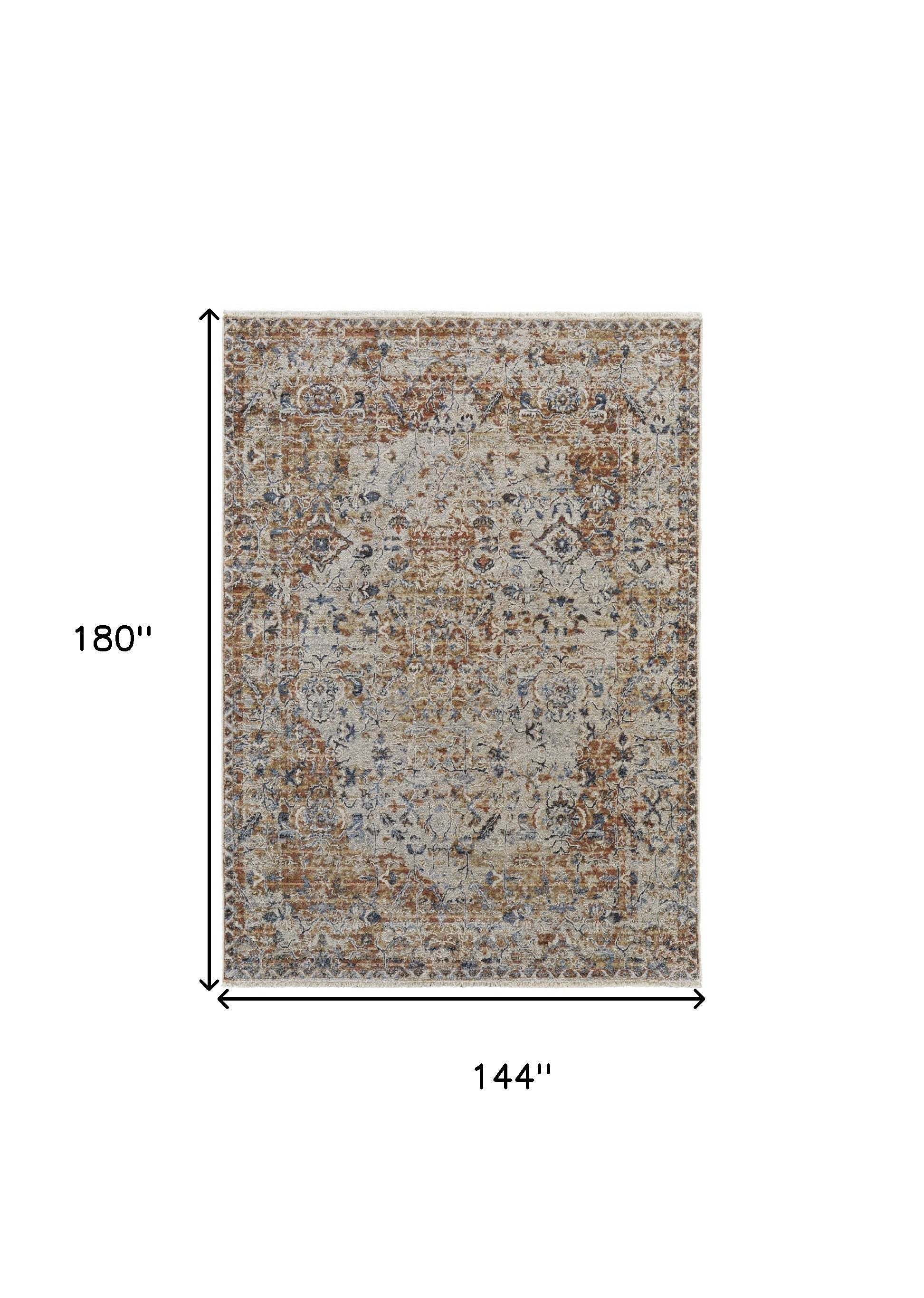 12' X 15' Tan Ivory And Orange Floral Power Loom Area Rug With Fringe