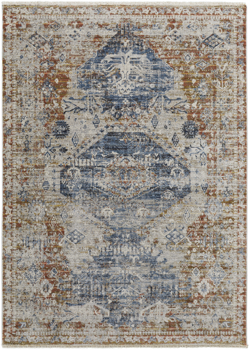 5' X 8' Ivory Orange And Blue Floral Power Loom Distressed Area Rug With Fringe