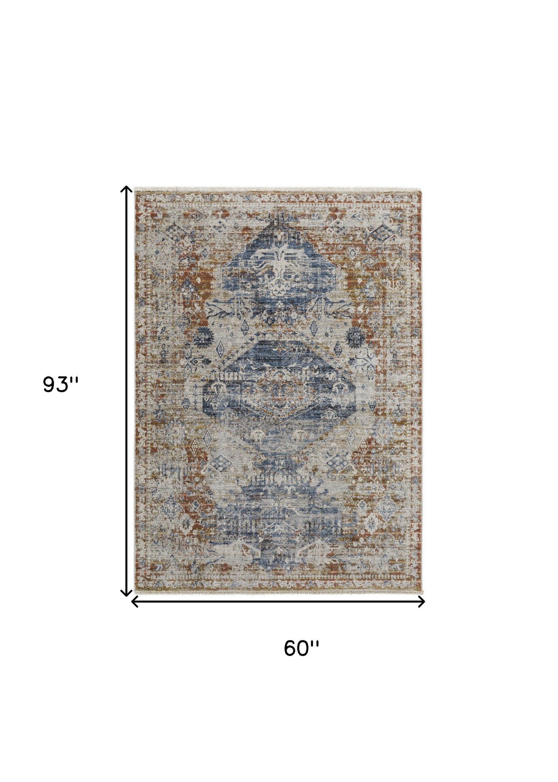 5' X 8' Ivory Orange And Blue Floral Power Loom Distressed Area Rug With Fringe