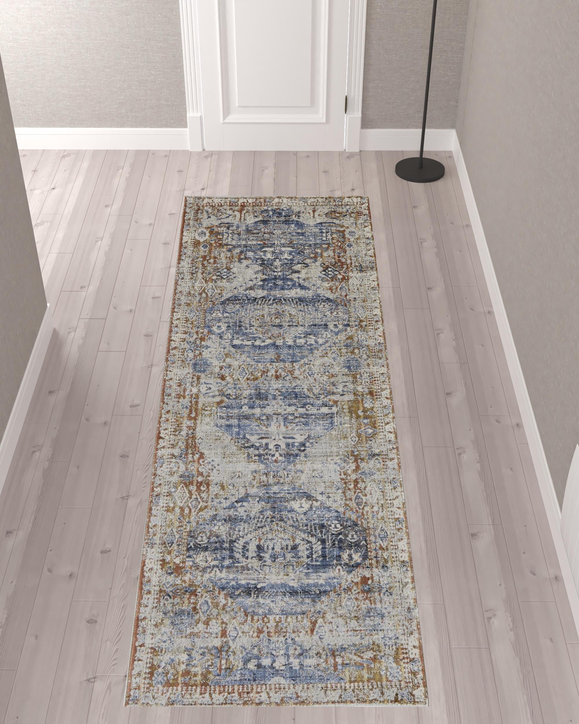 10' Ivory Orange And Blue Floral Power Loom Distressed Runner Rug With Fringe