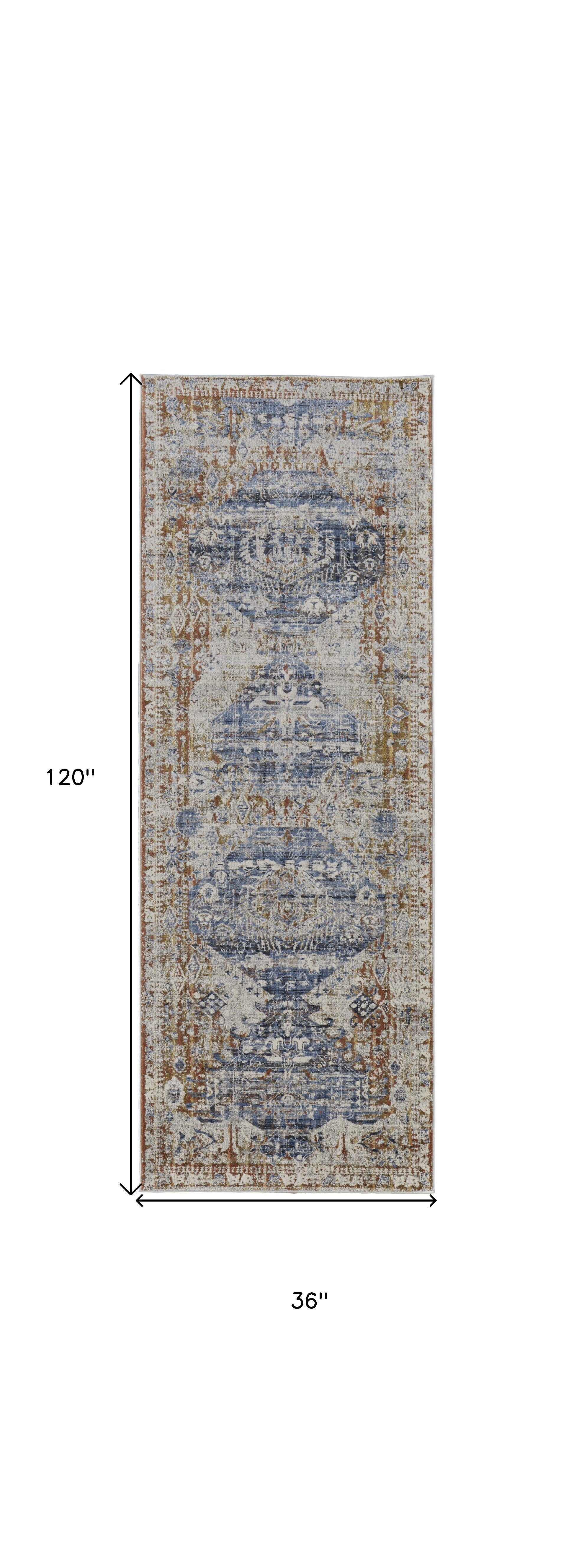 10' Ivory Orange And Blue Floral Power Loom Distressed Runner Rug With Fringe