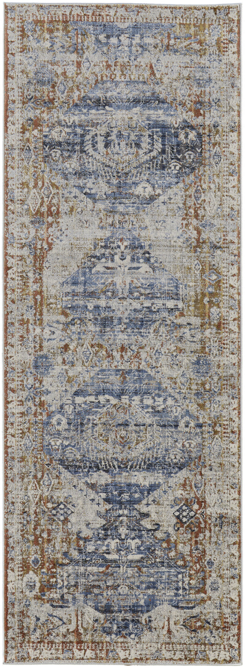 8' Ivory Orange And Blue Floral Power Loom Distressed Runner Rug With Fringe