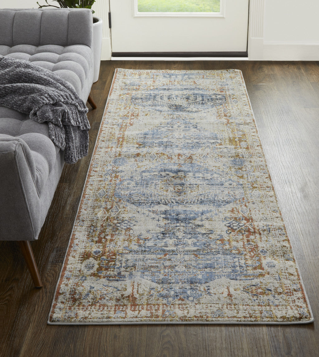 12' Ivory Orange And Blue Floral Power Loom Distressed Runner Rug With Fringe