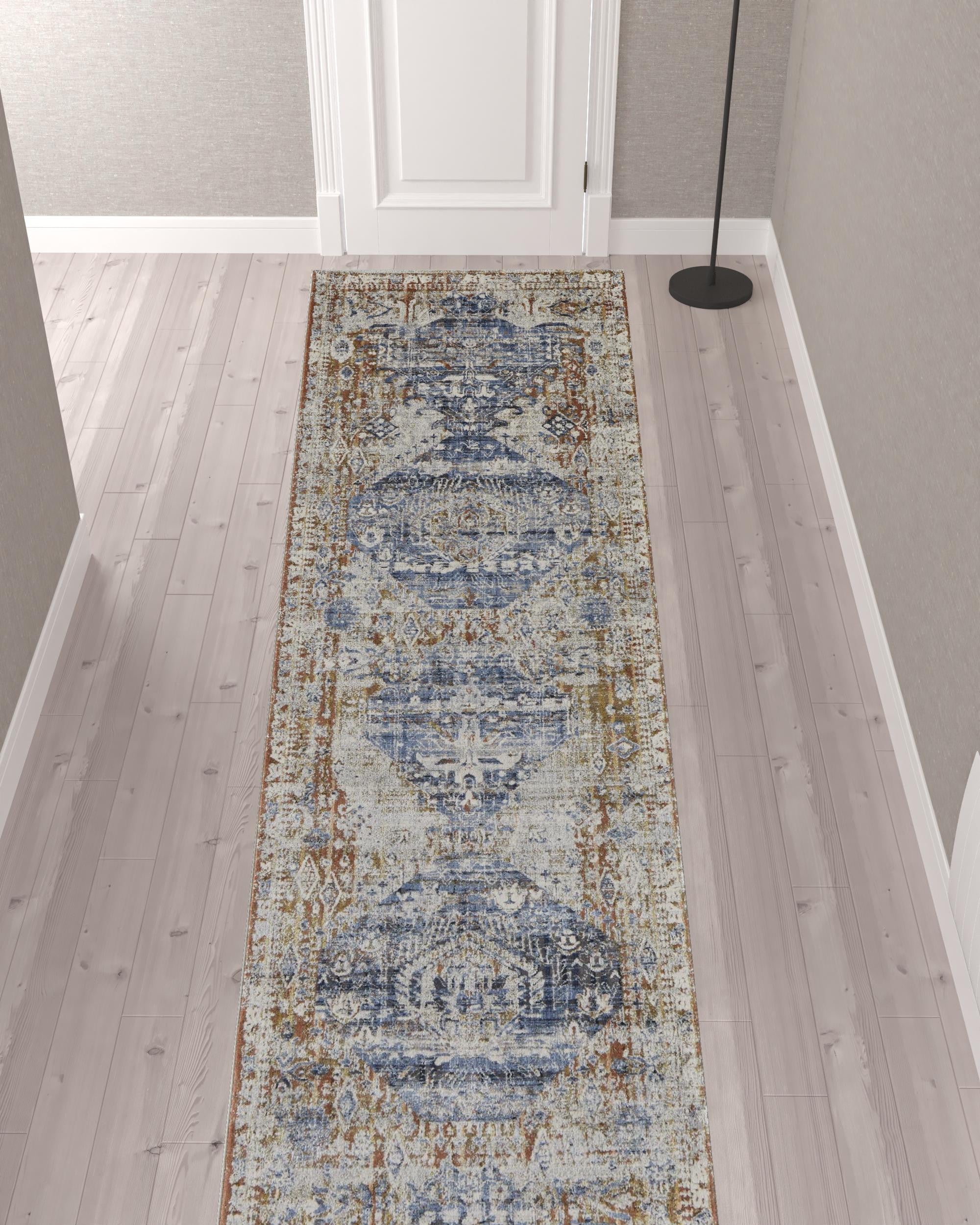 12' Ivory Orange And Blue Floral Power Loom Distressed Runner Rug With Fringe