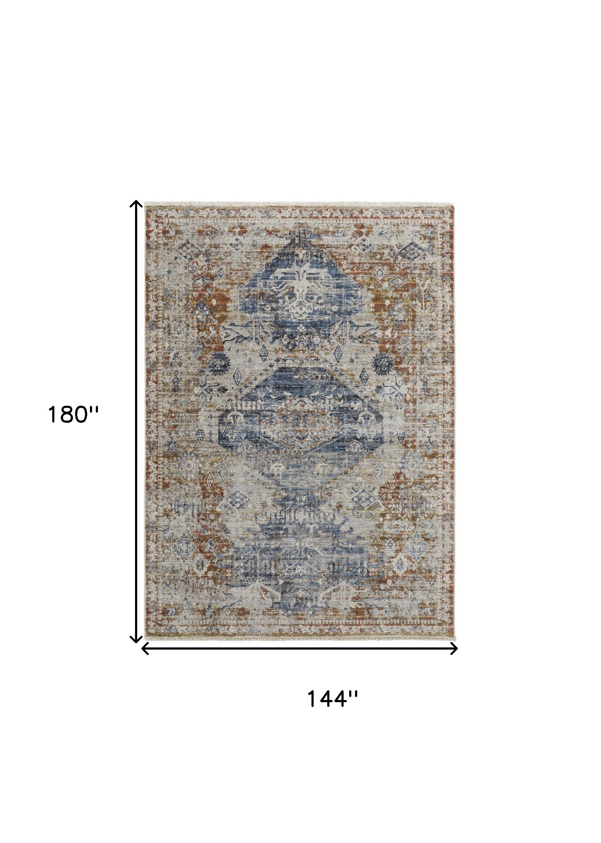 12' X 15' Ivory Orange And Blue Floral Power Loom Distressed Area Rug With Fringe