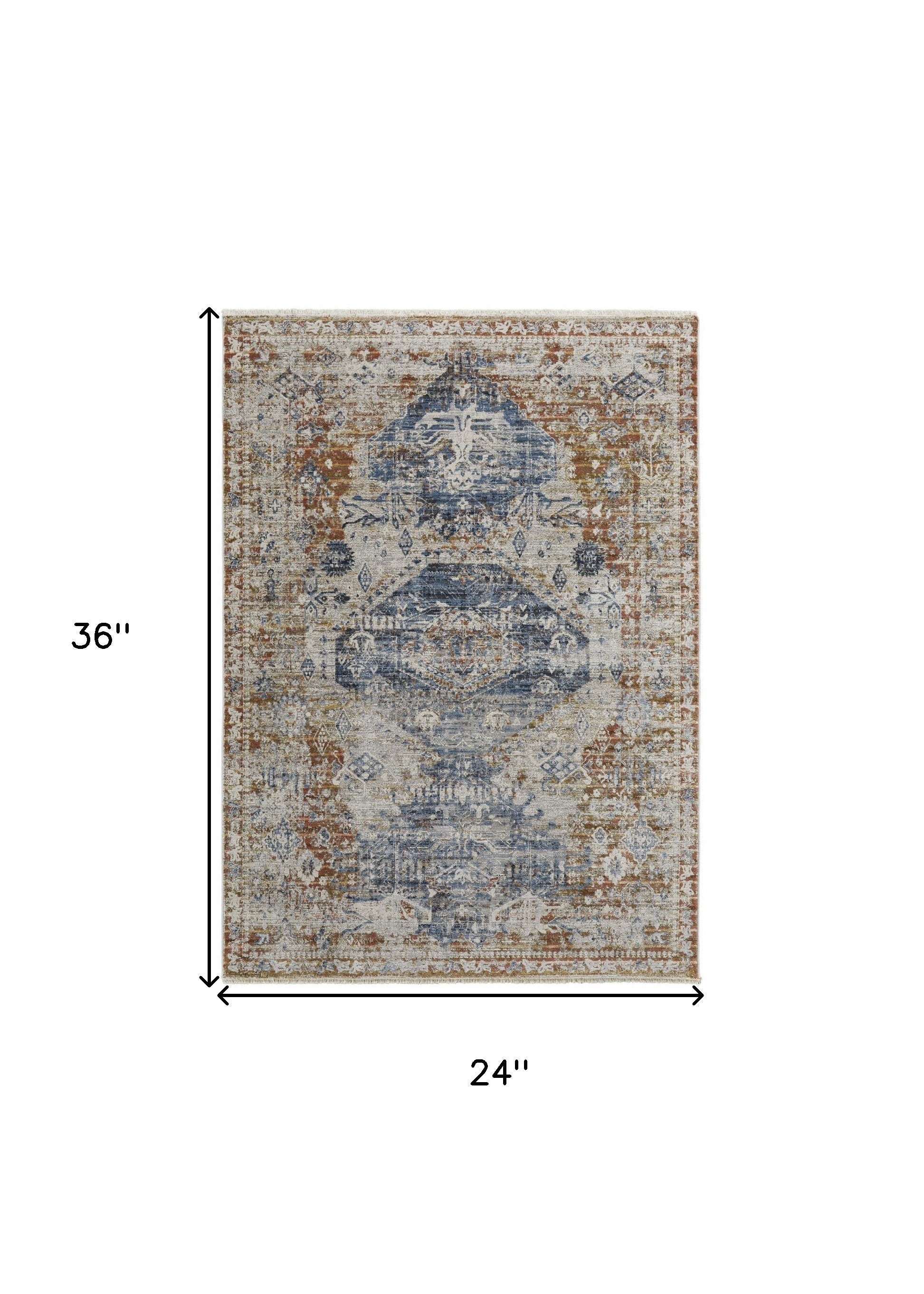 2' X 3' Ivory Orange And Blue Floral Power Loom Distressed Area Rug With Fringe