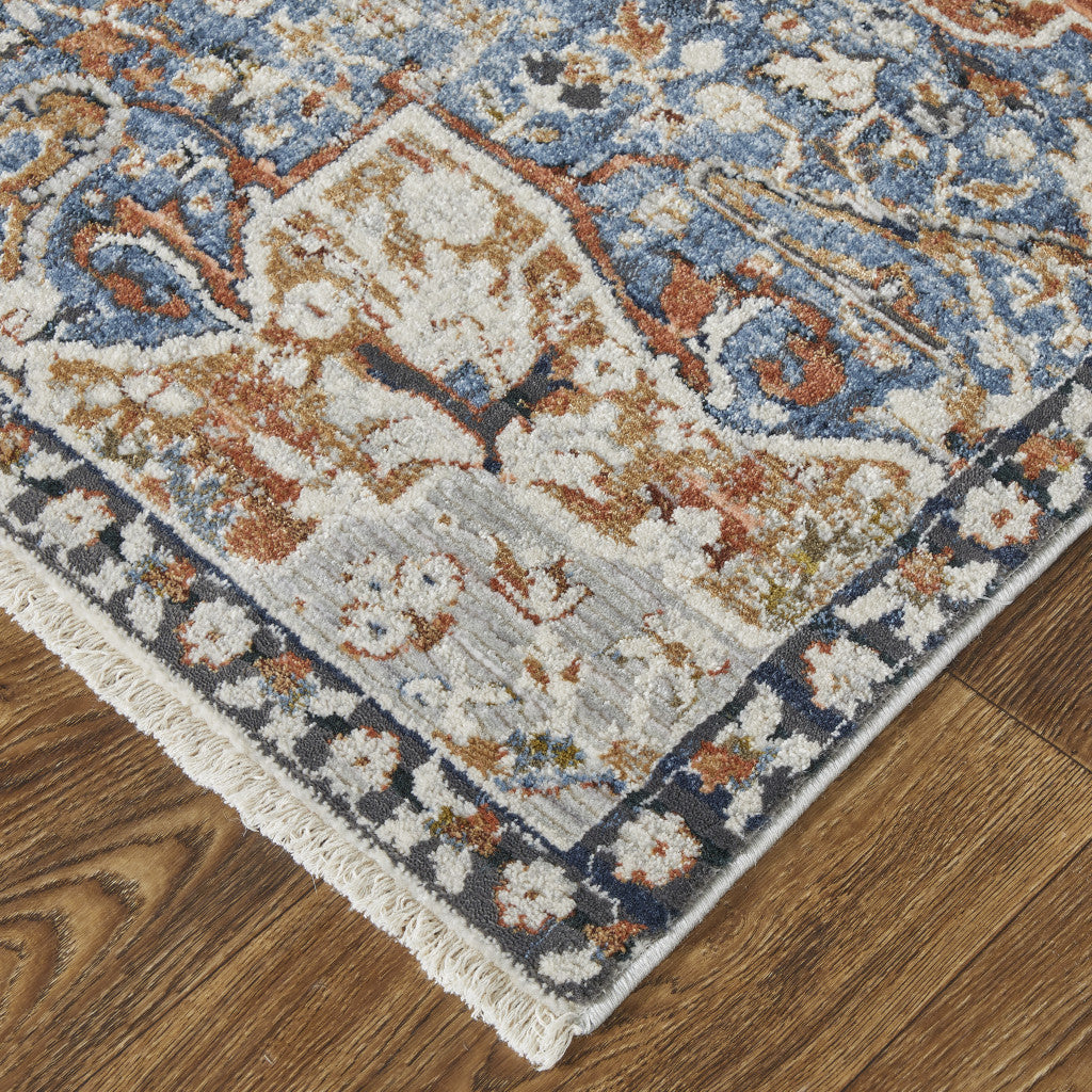 5' X 8' Orange Ivory And Blue Floral Power Loom Area Rug With Fringe