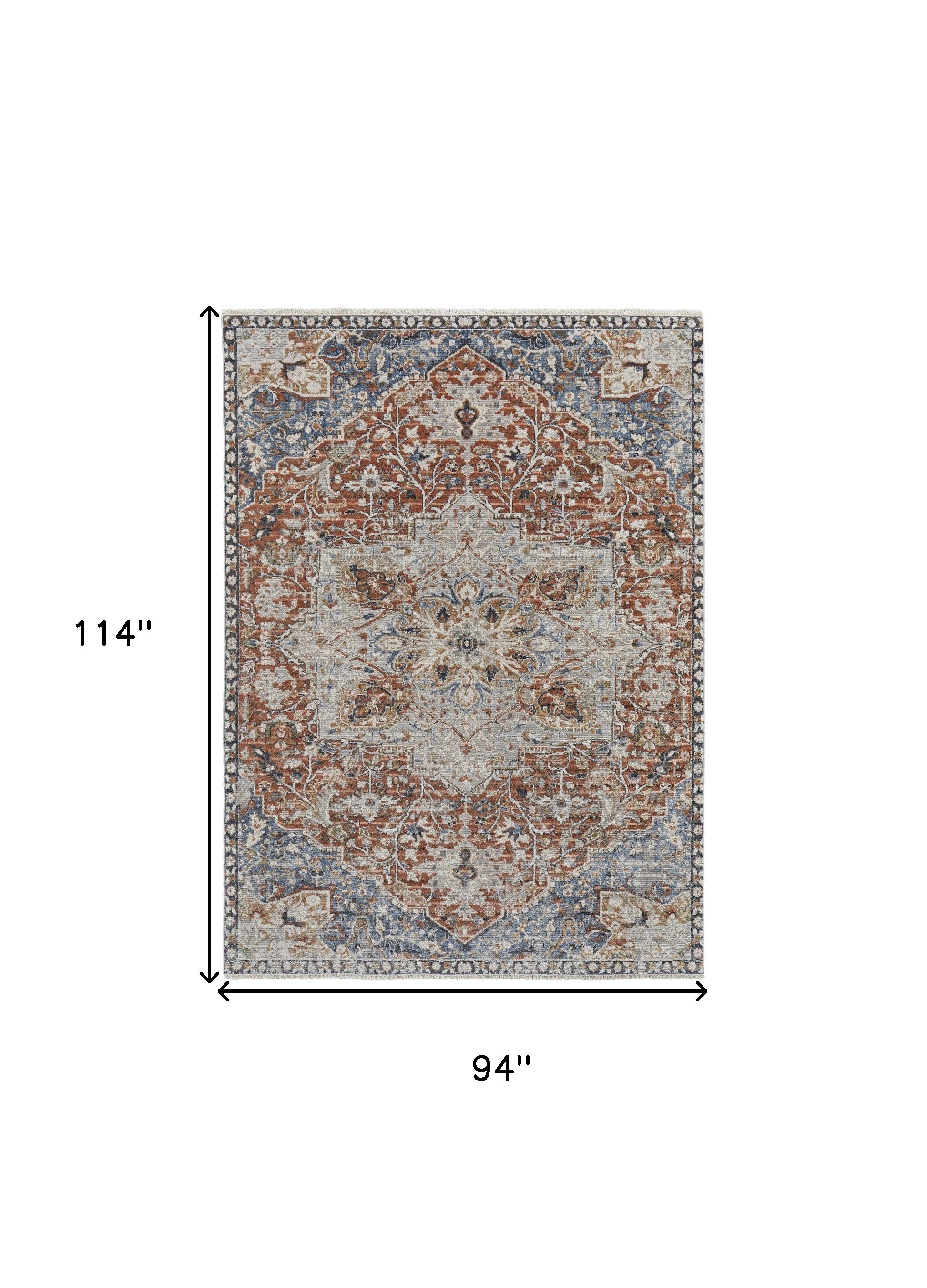 8' X 10' Orange Ivory And Blue Floral Power Loom Area Rug With Fringe