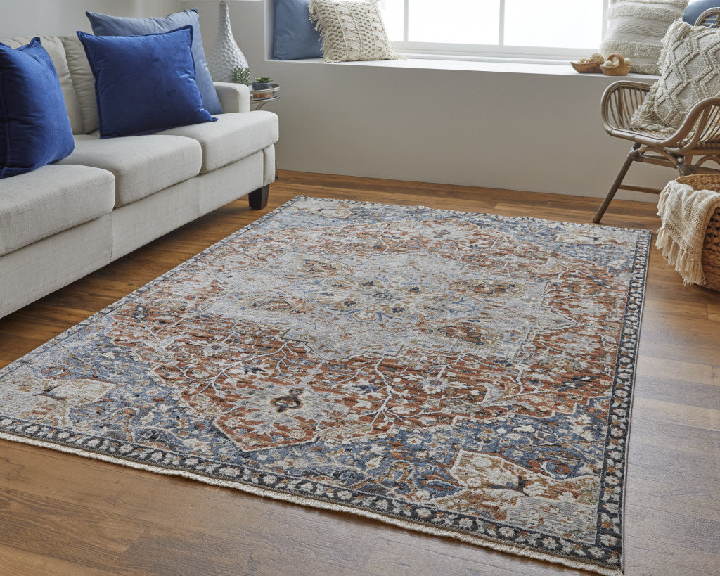 8' X 10' Orange Ivory And Blue Floral Power Loom Area Rug With Fringe